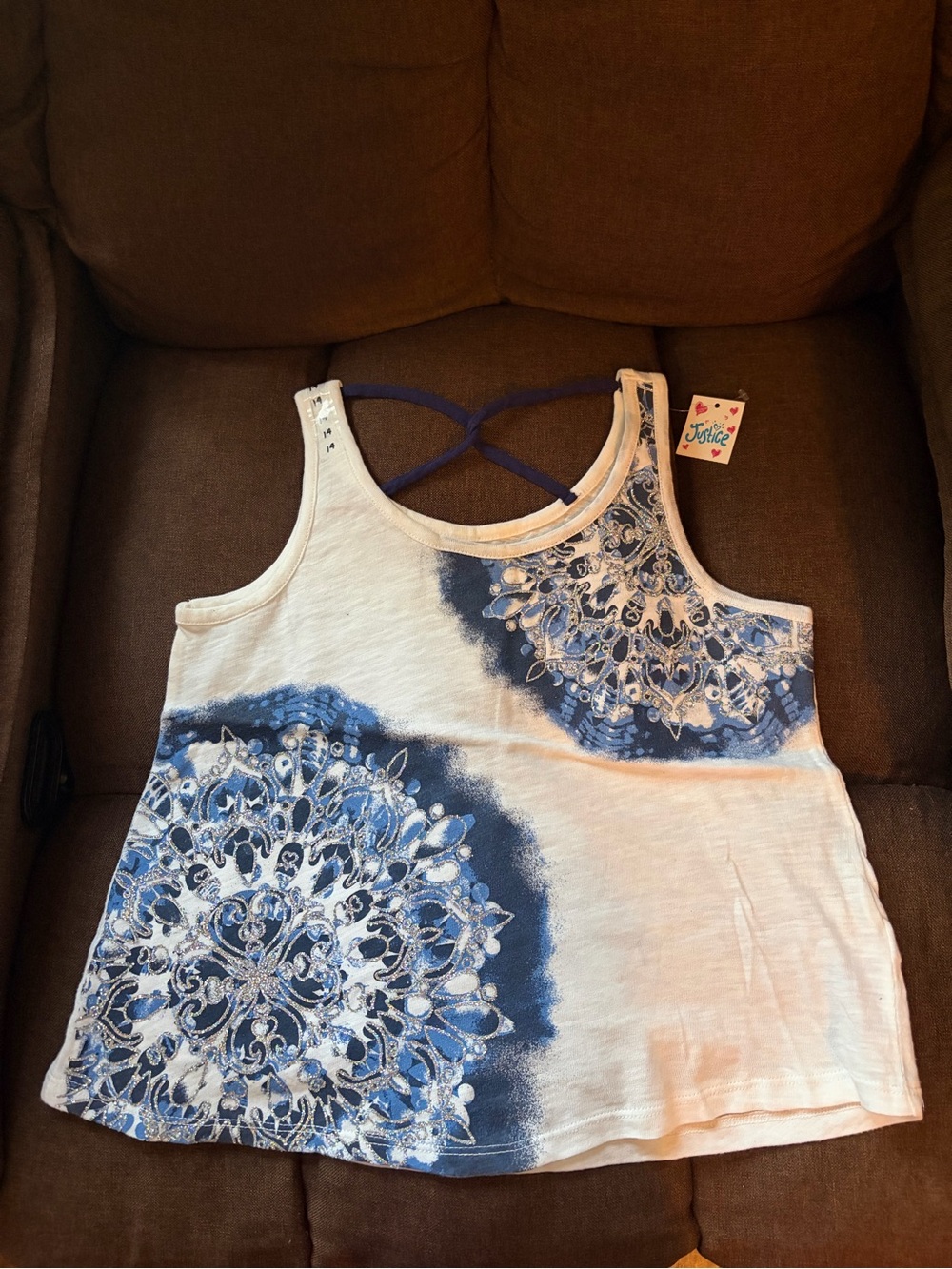 NWOT Justice White Tank Top with Blue Mandala Tie-Dye